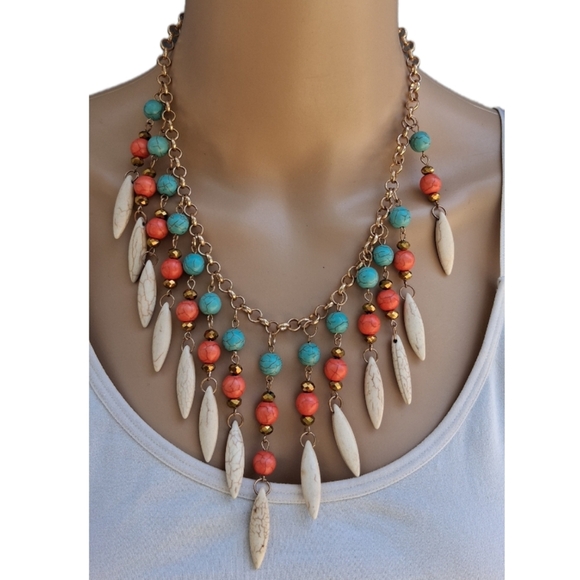 Bold Boho Magnesite Stone Statement Necklace – Turquoise & Coral Tones - Picture 1 of 6